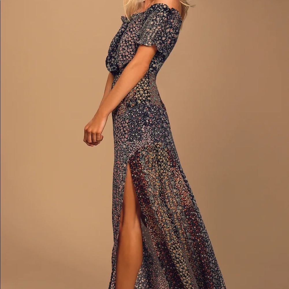 Lulu’s Navy Blue Floral Print Off-the-Shoulder Maxi Dress